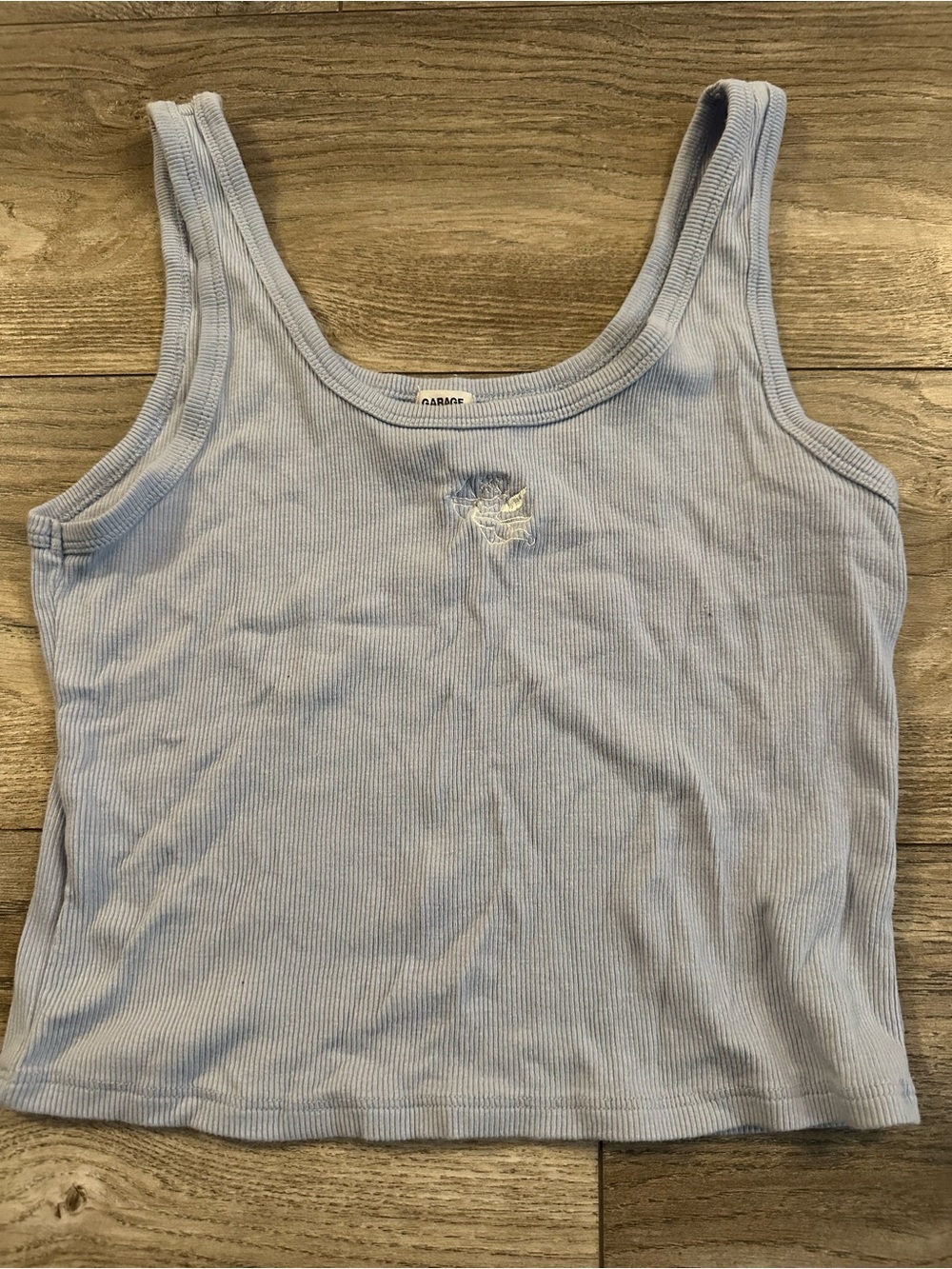 Garage Light Blue Ribbed Crop Tank with Center Angel Stitch